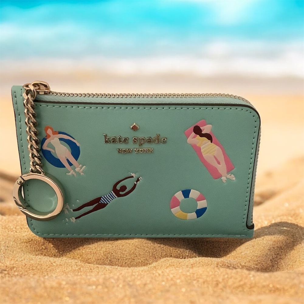 KATE SPADE Poolside Aqua Blue Leather Medium Zip Wallet Card Case Keychain NWT